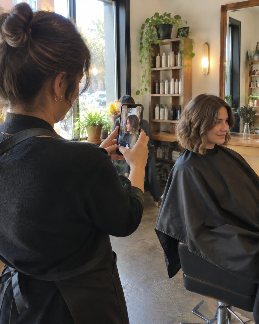 Peluquera grabando con el móvil un corte recién terminado en su salón
